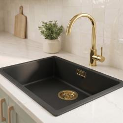 Zwarte spoelbak 50x40cm onderbouw en opbouw met gouden plug 1208968037