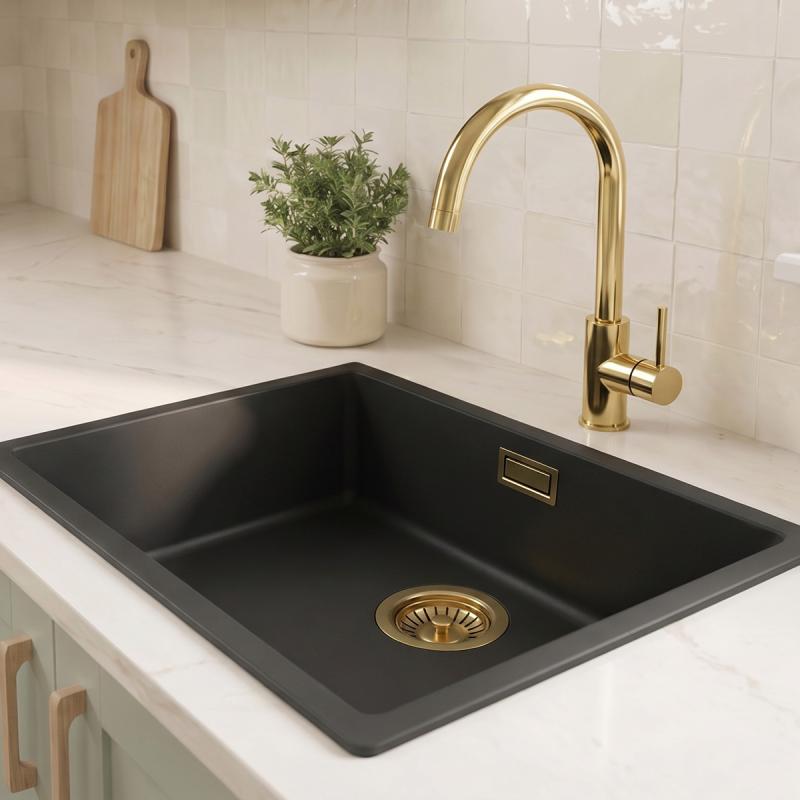 Zwarte spoelbak 50x40cm onderbouw en opbouw met gouden plug 1208968037