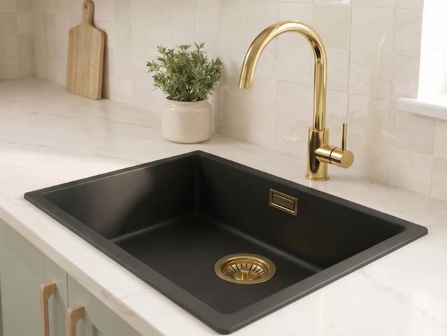 Zwarte spoelbak 50x40cm onderbouw en opbouw met gouden plug 1208968037
