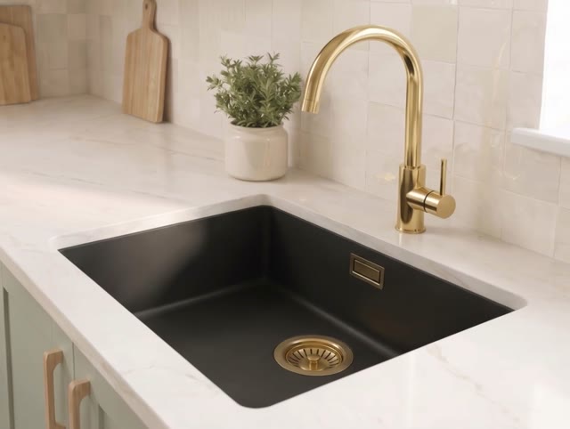 Zwarte spoelbak 50x40cm onderbouw en opbouw met gouden plug 1208968037