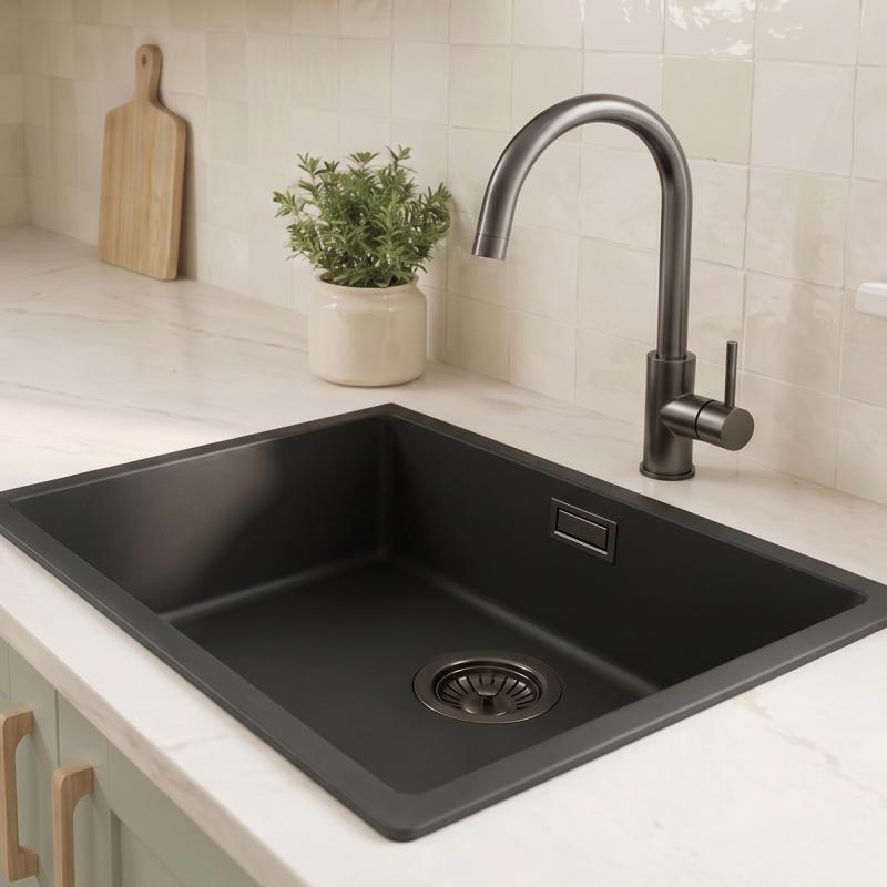 Zwarte spoelbak 50x40cm onderbouw en opbouw met gun metal plug 1208968038