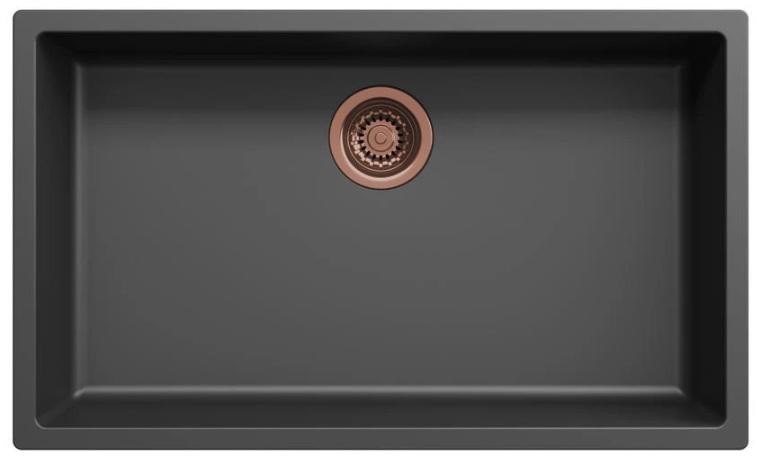 Zwarte grote spoelbak 70x40cm opbouw en onderbouw met koperen plug 1208968039