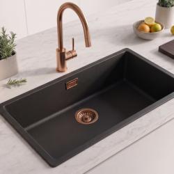 Zwarte grote spoelbak 70x40cm opbouw en onderbouw met koperen plug 1208968039