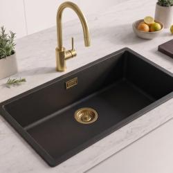 Zwarte grote spoelbak 70x40cm onderbouw opbouw met gouden plug 1208968040