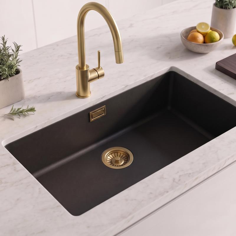 Zwarte grote spoelbak 70x40cm onderbouw opbouw met gouden plug 1208968040