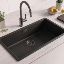 Zwarte grote spoelbak 70x40cm onderbouw opbouw met gun metal plug 1208968041