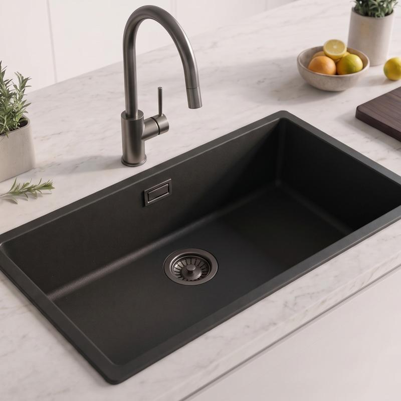 Zwarte grote spoelbak 70x40cm onderbouw opbouw met gun metal plug 1208968041