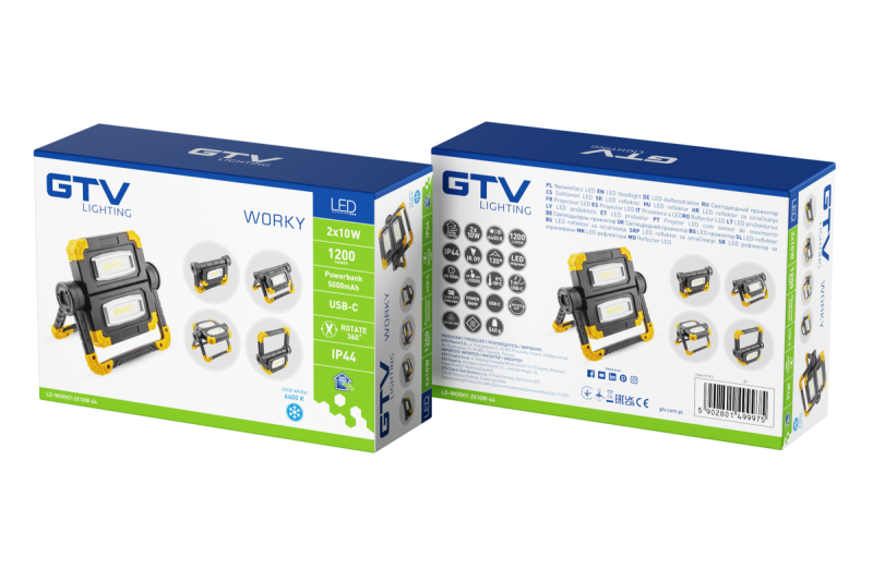 LED-schijnwerper met oplaadbare batterij WORKY, 2x10 W COB, 1200 lm, 6400K, 5V/1A, USB-C, IP44