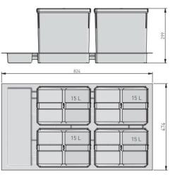 Garbi Basket B-90-4 sorteer afvalsysteem voor lade 90cm  incl. houder en 4 x 15 liter afvalbakken 1208957479