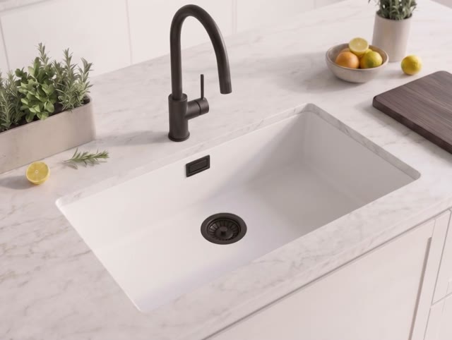 Witte Grote Spoelbak 70x40 cm Onderbouw, Opbouw met Mat Zwart Plug 1208970519