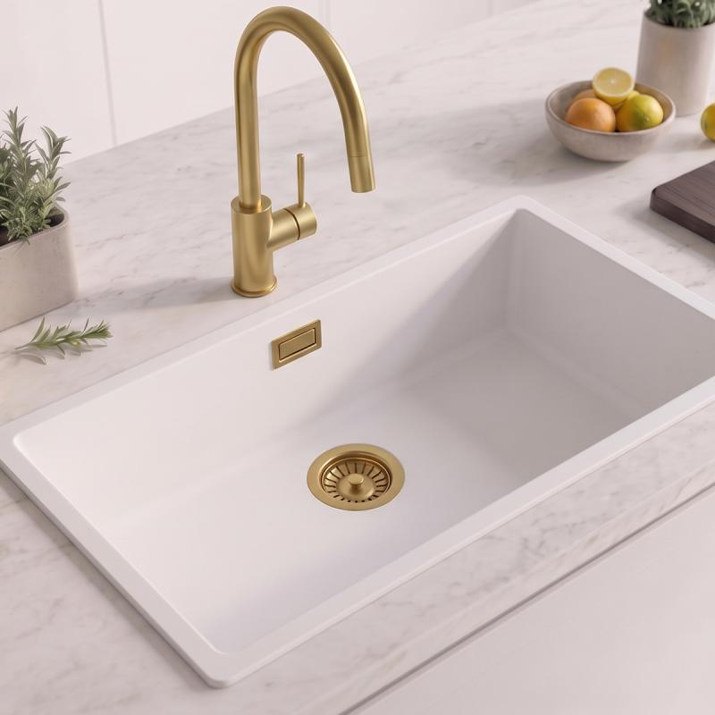 Witte Grote Spoelbak 70x40 cm Onderbouw, Opbouw met Gouden Plug 1208970522