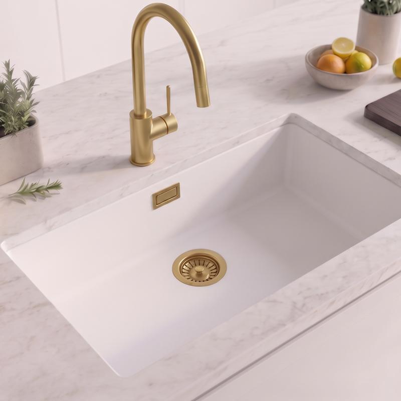 Witte Grote Spoelbak 70x40 cm Onderbouw, Opbouw met Gouden Plug 1208970522