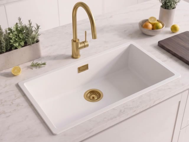 Witte Grote Spoelbak 70x40 cm Onderbouw, Opbouw met Gouden Plug 1208970522