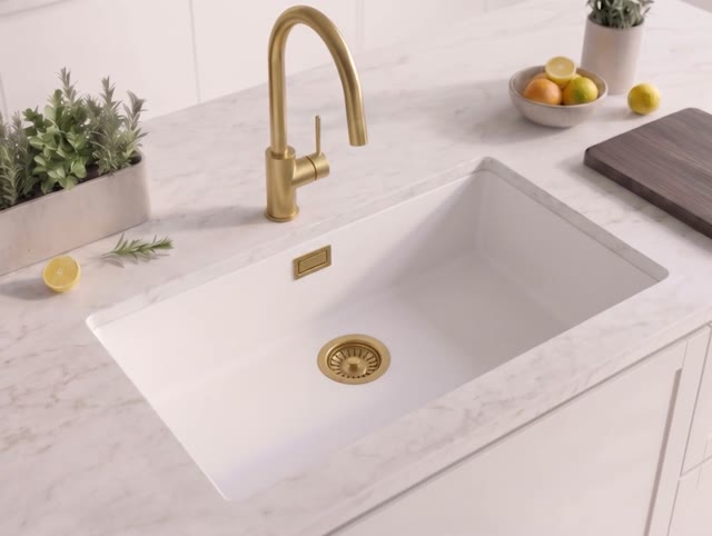 Witte Grote Spoelbak 70x40 cm Onderbouw, Opbouw met Gouden Plug 1208970522