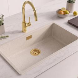 Lavabo grande bianco sabbia 70x40 cm, da incasso o da appoggio, con tappo dorato 1208970527