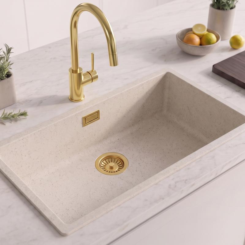 Zand Wit Grote Spoelbak 70x40 cm Onderbouw, Opbouw met Gouden Plug 1208970527
