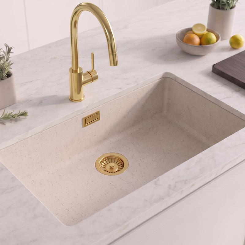 Zand Wit Grote Spoelbak 70x40 cm Onderbouw, Opbouw met Gouden Plug 1208970527