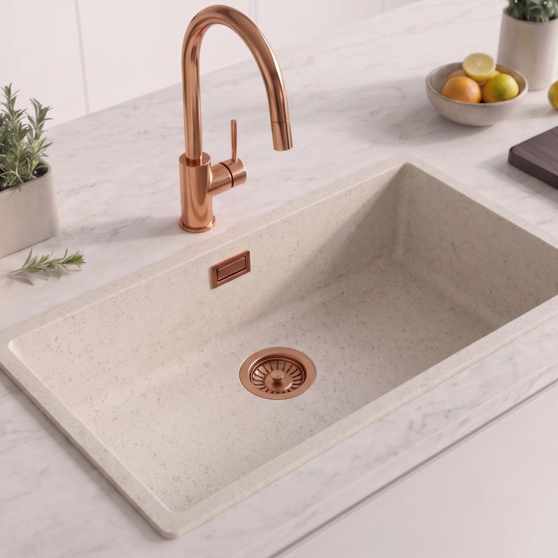 Zand Wit Grote Spoelbak 70x40 cm Onderbouw, Opbouw met Koperen Plug 1208970528