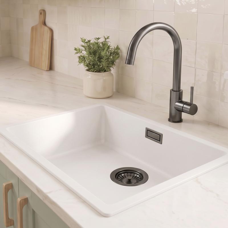 Witte Spoelbak 50x40 cm Onderbouw, Opbouw met Gun Metal Plug 1208970529