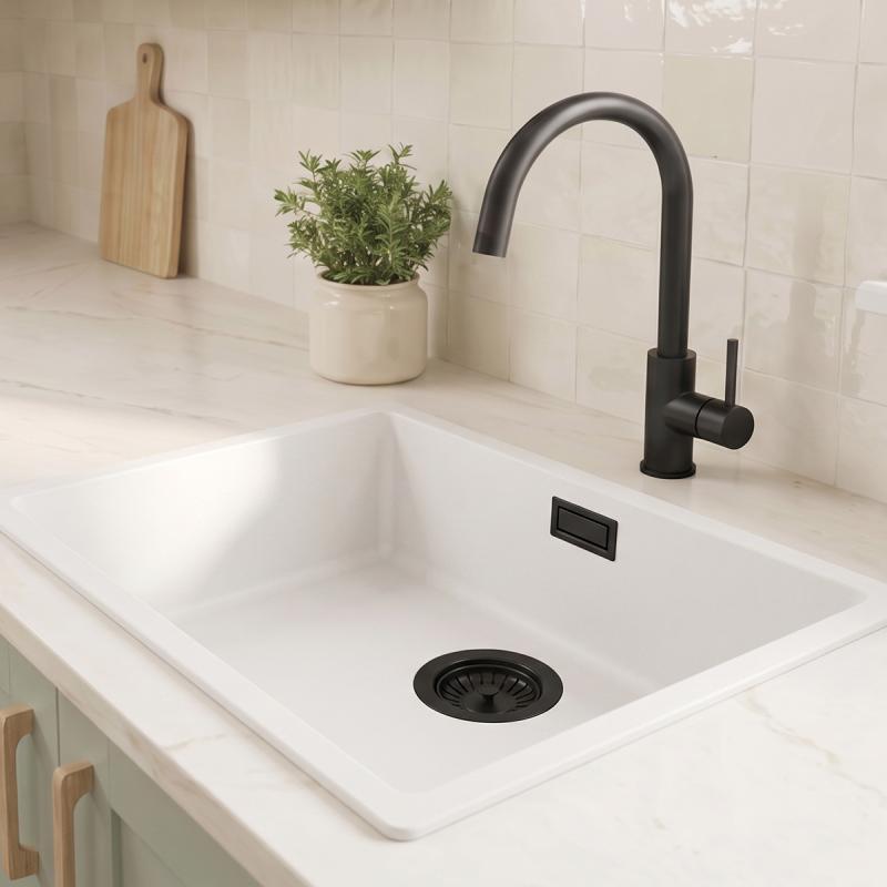 Witte Spoelbak 50x40 cm Onderbouw, Opbouw  met Mat Zwarte Plug 1208970530