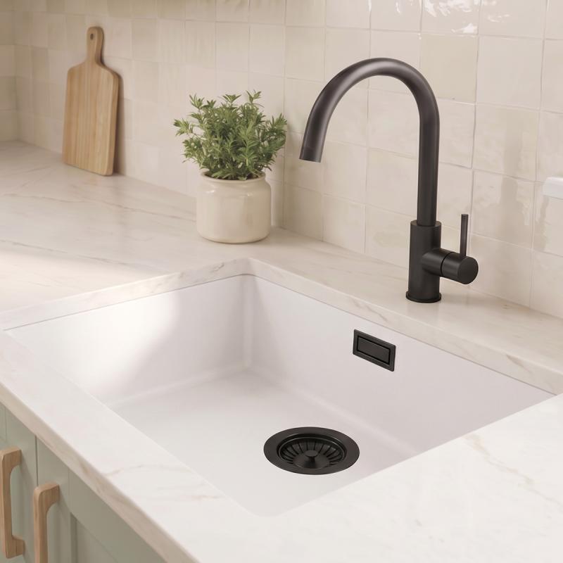 Witte Spoelbak 50x40 cm Onderbouw, Opbouw  met Mat Zwarte Plug 1208970530
