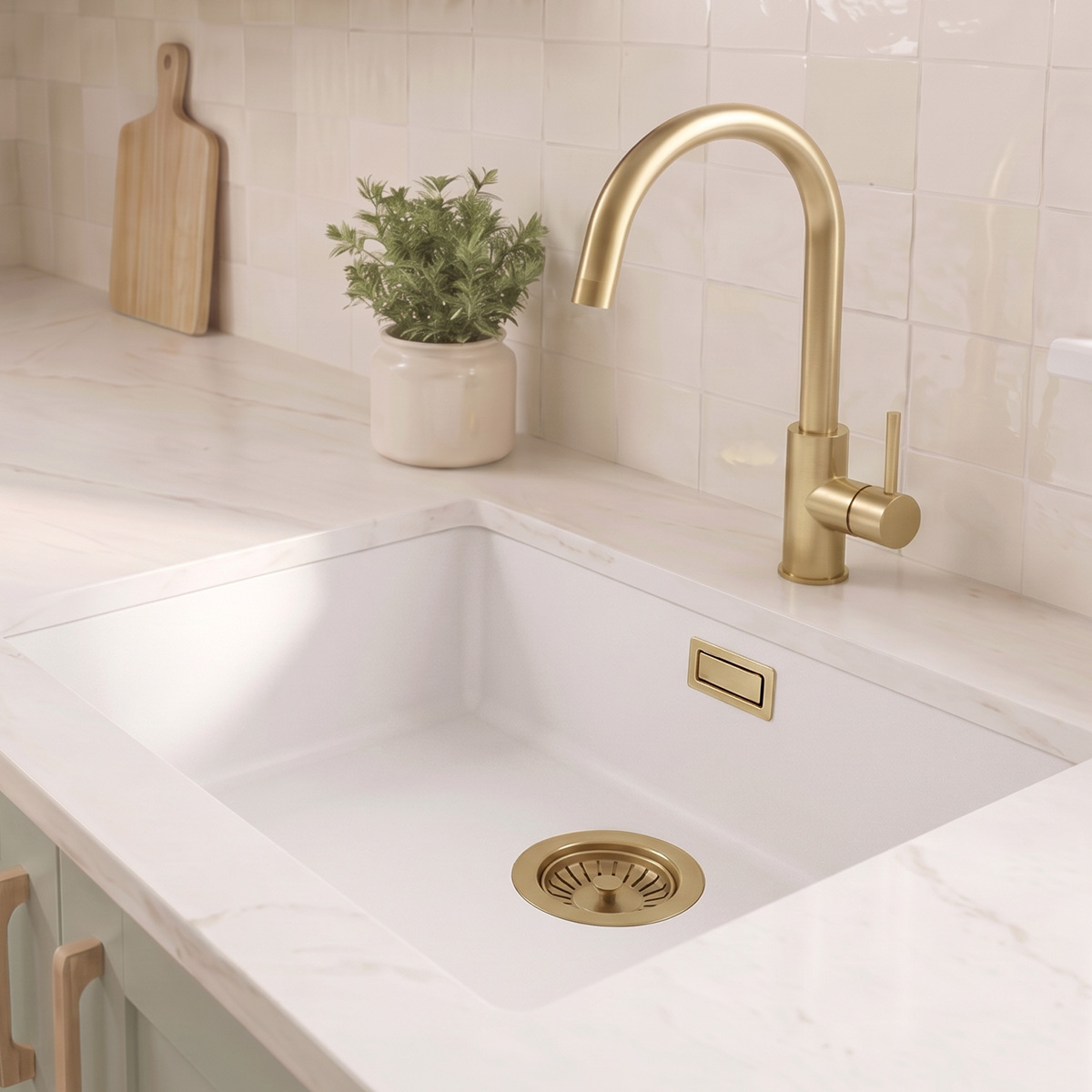 Witte Spoelbak 50x40 cm Onderbouw, Opbouw met Gouden Plug 1208970532