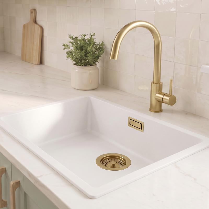 Witte Spoelbak 50x40 cm Onderbouw, Opbouw met Gouden Plug 1208970532
