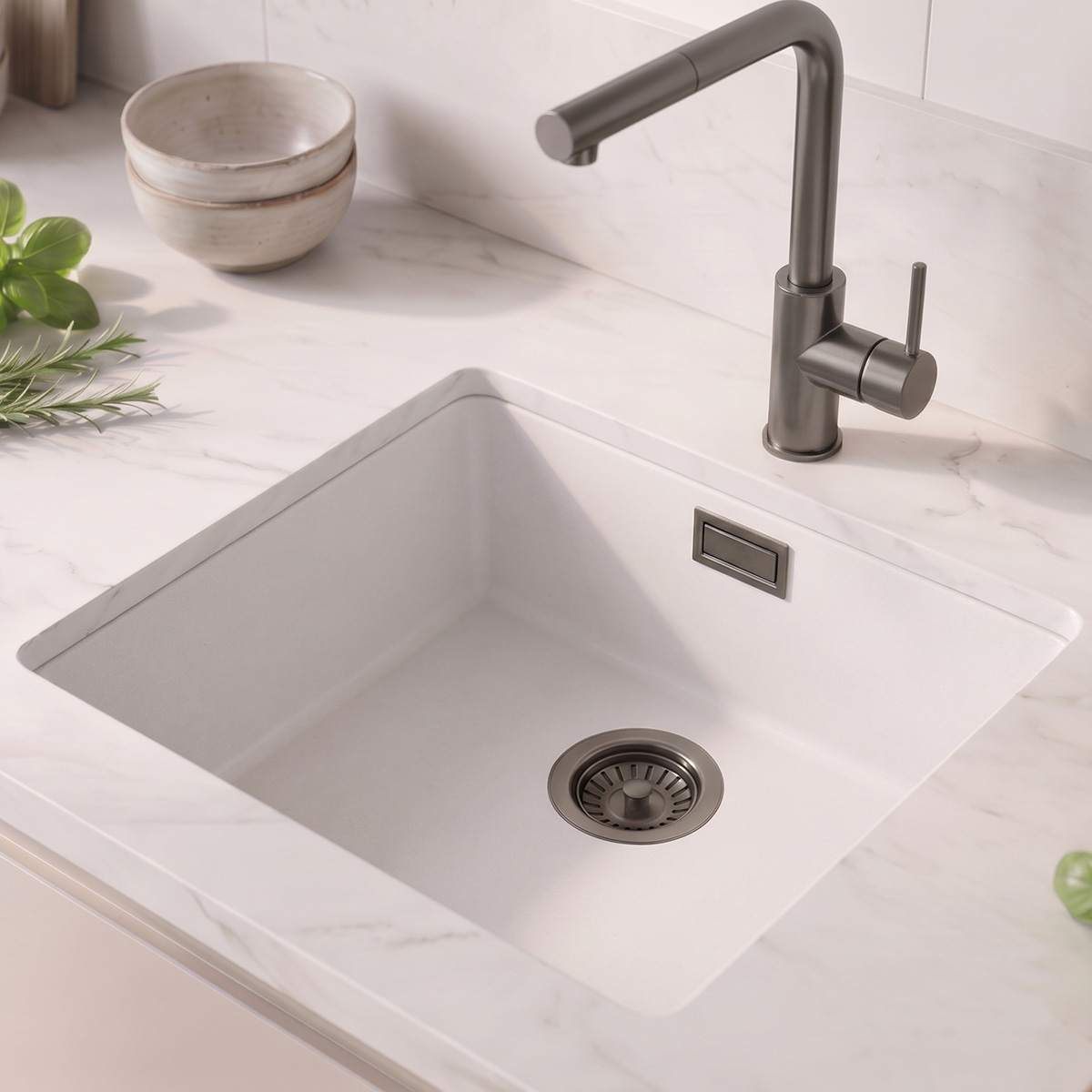 Witte Spoelbak 40x40 cm Onderbouw, Opbouw met Gun Metal Plug 1208970534