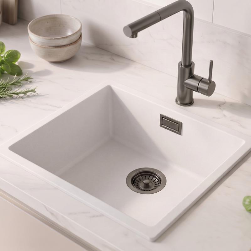 Witte Spoelbak 40x40 cm Onderbouw, Opbouw met Gun Metal Plug 1208970534