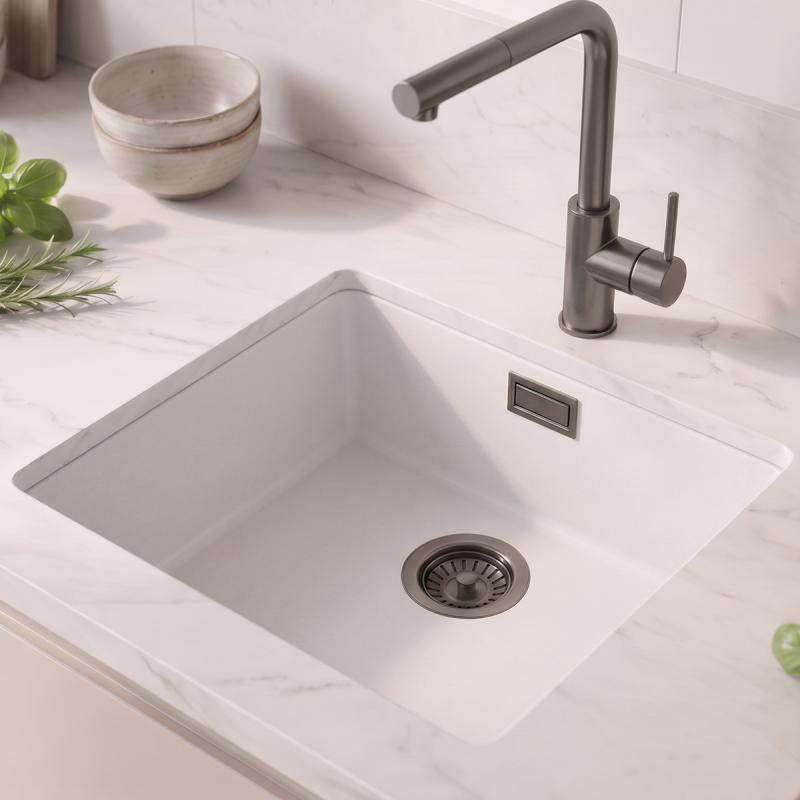 Witte Spoelbak 40x40 cm Onderbouw, Opbouw met Gun Metal Plug 1208970534