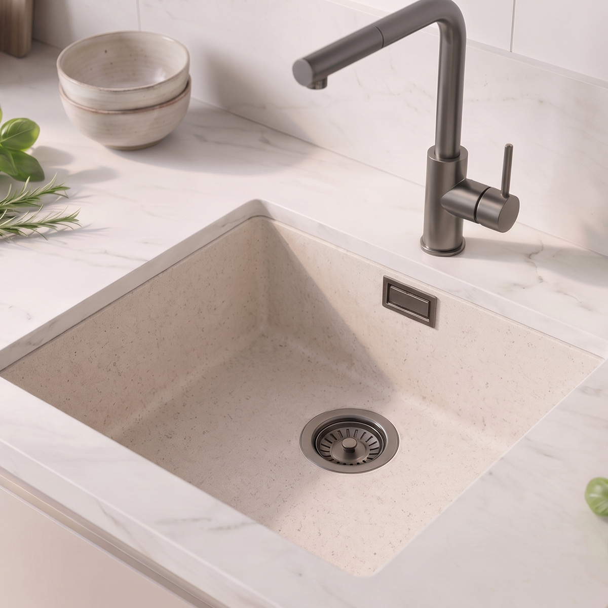 Zand Witte Spoelbak 40x40 cm Onderbouw, Opbouw met Gun Metal Plug 1208970539