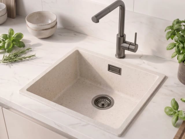 Zand Witte Spoelbak 40x40 cm Onderbouw, Opbouw  met Gun Metal Plug 1208970539
