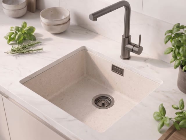 Zand Witte Spoelbak 40x40 cm Onderbouw, Opbouw  met Gun Metal Plug 1208970539