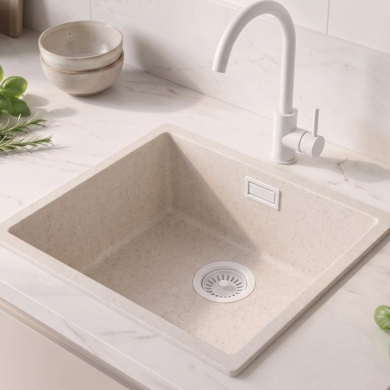 Zand Witte Spoelbak 40x40 cm Onderbouw, Opbouw met Witte Plug 1208970541