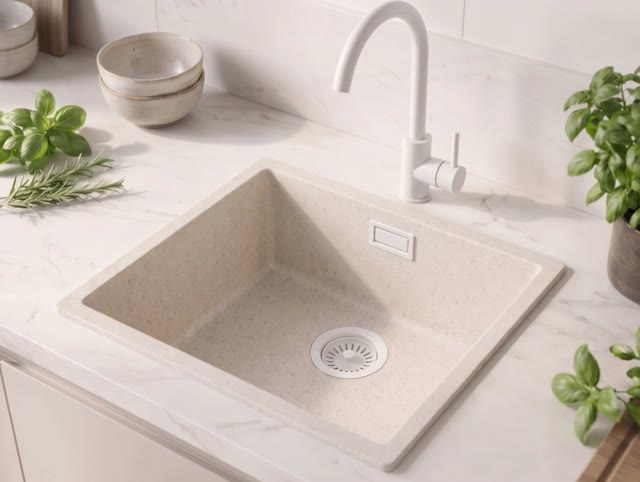 Zand Witte Spoelbak 40x40 cm Onderbouw, Opbouw met Witte Plug 1208970541