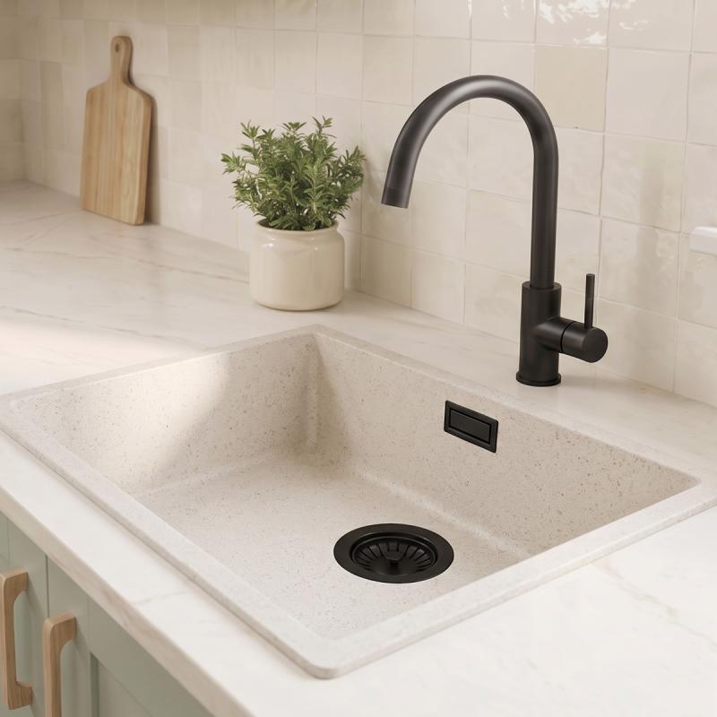 Zand Witte Spoelbak 50x40 cm Onderbouw, Opbouw met Mat Zwart Plug 1208970545
