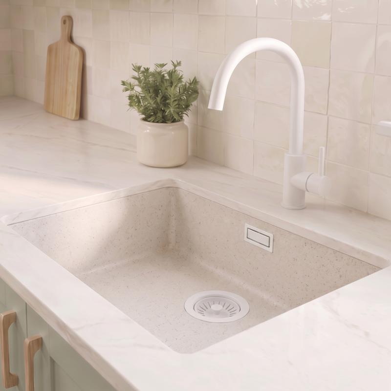 Zand Witte Spoelbak 50x40 cm Onderbouw, Opbouw met Witte Plug 1208970546