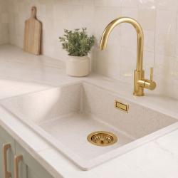 Lavello bianco sabbia 50x40 cm, da incasso o da appoggio, con tappo dorato 1208970547