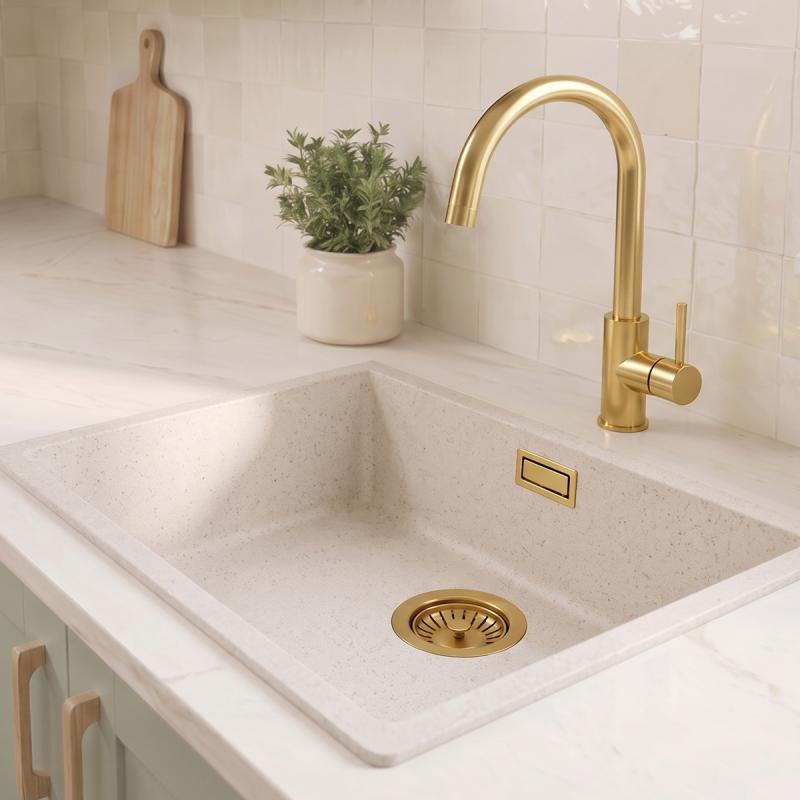 Zand Witte Spoelbak 50x40 cm Onderbouw, Opbouw met Gouden Plug 1208970547