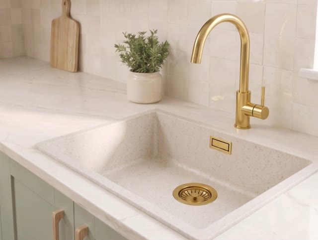 Zand Witte Spoelbak 50x40 cm Onderbouw, Opbouw met Gouden Plug 1208970547