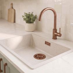 Lavello bianco sabbia 50x40 cm, da incasso o da appoggio, con tappo in rame 1208970548