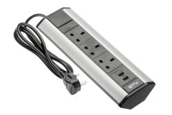 Desk extension cable angled 3x UK socket, 2xUSB 2.1A 5V (silver) ENGLISH VERSION
