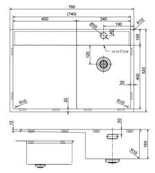 Pure.Sink Exclusivo RVS spoelbak Rechts 74x40 cm Tapwing met afdruipgedeelte 10mm radius onderbouw vlakinbouw en opbouw PEX3478RT-02