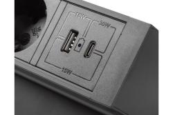 Basco furniture socket, 3 x socket with grounding, USB A+C, 1.5m cable, black with mounting