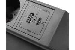 Basco furniture socket, 3 x socket with grounding, USB A+C, 1.5m cable, black with mounting