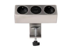 Furniture socket SOFITO, 2xSHUKO, USB A+C, cable 1.5 m, stainless steel