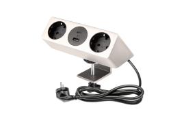 Furniture socket SOFITO, 2xSHUKO, USB A+C, cable 1.5 m, stainless steel