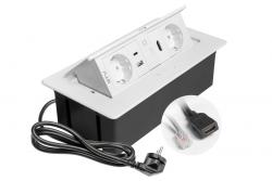 Furniture socket MULTISOFT, 2xSHUKO, USB A+C, RJ45, HDMI, cable 1.5 m, white