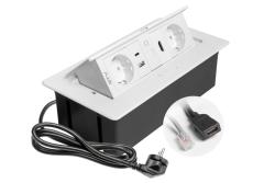 Furniture socket MULTISOFT, 2xSHUKO, USB A+C, RJ45, HDMI, cable 1.5 m, white