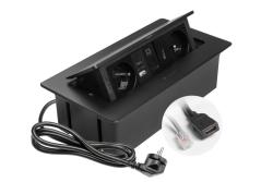 MULTISOFT furniture socket 2x Socket with Earthing, USB A+C, RJ45, HDMI, Power Cable with Plug, Black
